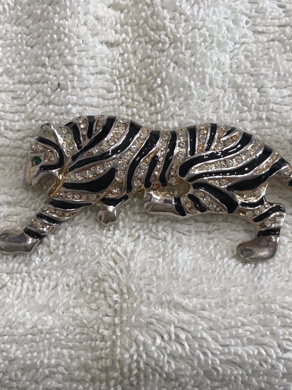 Crystal Zebra Pin Brooch - Black and Silver with Green Eye